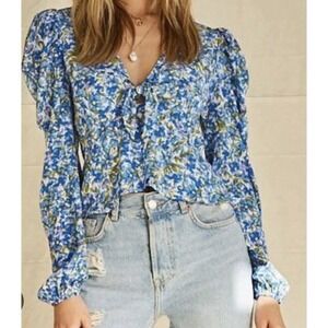 Forever 21 Floral Milk Maid Peasant Blouse Women L Blue Dainty Ditsy Whimsical